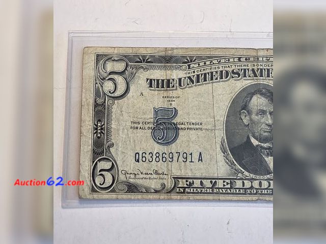 Lot 44-8357k - 1934D SERIES $5 SILVER CERTIFICATE. CIRCULATED. FROM BACK IN THE GOOD OLD DAYS WHEN THEY SAID "PAYABLE IN SILVER TO THE BEARER ON DEMAND." C...