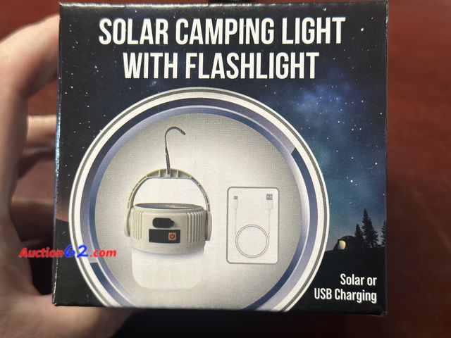 Lot 44-6055i - Solar camping light with flashlight usb rechargeable. Opened for photos. New See All Photo's Tested & Working Never opened, Factory Sealed