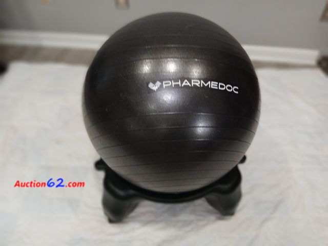 Lot 44-2323b - Pharmedoc exercise ball with stand.  Helps balance and back also.  Used a few times.  See photos. 3. Used 21. Added today
