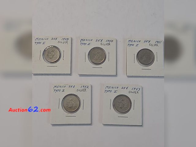 Lot 44-8342g - LOT OF FIVE (5) **30% SILVER** 25 CENTAVOS COINS FROM MEXICO. THIS CONTAINS THE ENTIRE SERIES OF COINS (1950-1953) PLUS ONE EXTRA 1950 TO BO...