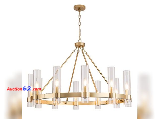 Lot 44-1681w - $389.99 Retail price - Vimatto Wagon Wheel Chandelier, 12-Light Golden Farmhouse Round Chandelier, Industrial Lighting fixtures, Glass Penda...