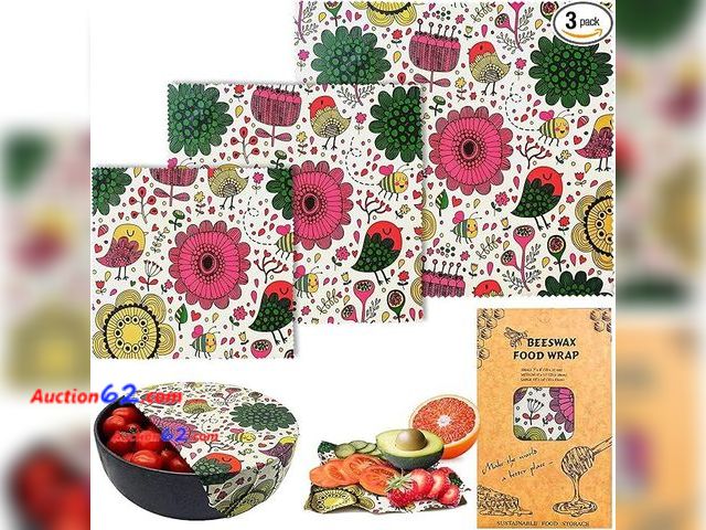 Lot 44-9124i - Reusable Beeswax Food Wrap Set, Sustainable Food Storage, Set of 3, Floral Pattern Appears New, A basic inspection has been given to this it...