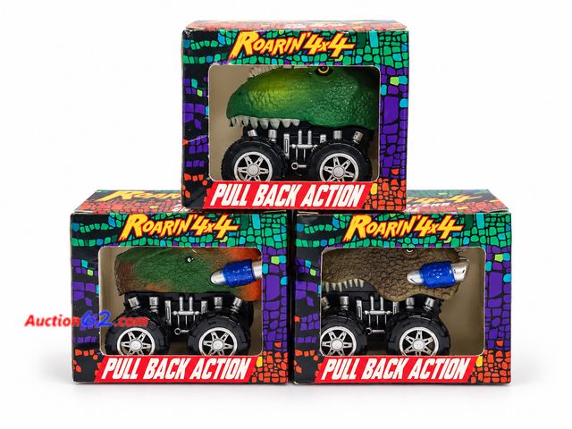 Lot 44-6147m - Set of 3 Mini Monster Roarin 4x4 Racer Trucks, Pull Back Action, Super Fast. Appears New, A basic inspection has been given to this item. So...