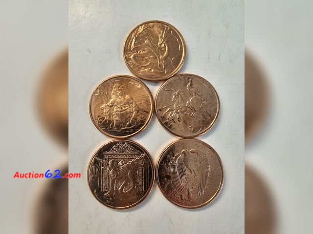 Lot 44-8335s - FIVE (5) ONE OUNCE .999 PURE COPPER ROUNDS. THESE HAVE MYTHICAL MONSTERS AND A KNIGHT. THE REVERSES ALL HAVE AN ELK, BIRD AND A SNAKE NEAR A...