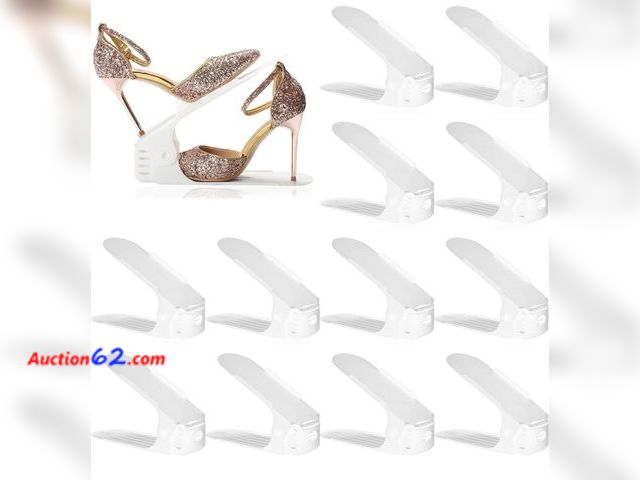 Lot 44-7307b - Shoe slots Organizer 12 pack, adjustable stable shoe stacker space saver, double deck shoe rack holder, white  E-Commerce Return, A basic in...