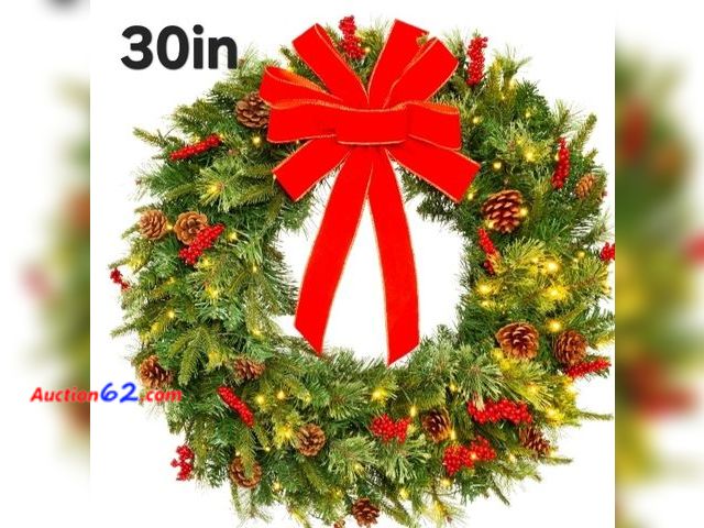 Lot 44-6935w - 30in Pre-Lit Battery Powered Christmas Wreath w/ Lights, PVC Tips, Ribbon Appears New, A basic inspection has been given to this item. Sold ...
