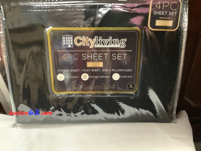 Lot 44-6080a - City living 4 pc QUEEN size sheet set fitted flat 2 pillow cases. Light weight super soft. Appears New, A basic inspection has been given to...