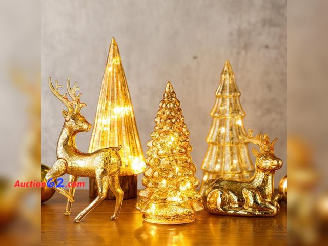 Lot 44-9048 - Retail of $53.99-Flutesan 5 Pcs Lighted Mercury Glass Christmas Trees and Reindeer for Tabletop LED Christmas Tree Table Centerpiece Decorat...