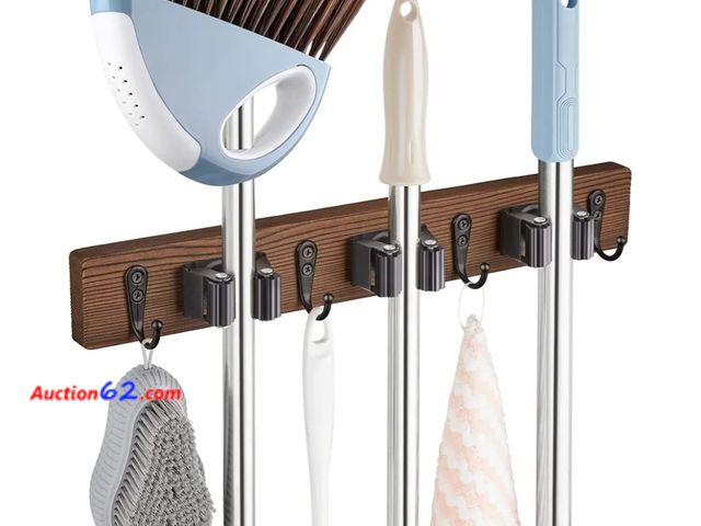Lot 44-6659g - Mop Broom Holder Wall Mount with 3 Slots &amp; 4 Hooks - Wood  Appears New, A basic inspection has been given to this item. Sold AS-IS.