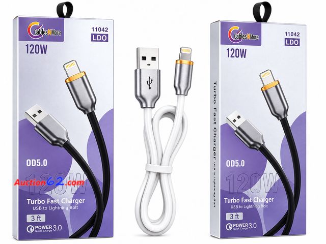 Lot 44-6009m - 2 Turbo Fast Chargers, USB to Lightning Bolt, 120w, For Smart Phones , Tablets, iPhone chargers. Appears New, A basic inspection has been gi...