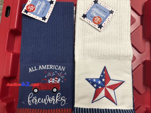 Lot 44-7543e - 2 sets of 2 4th of July themed kitchen towels. NEW. 16x26 each. See All Photo's Not Tested Never opened, Factory Sealed Unmarked, No barcode...