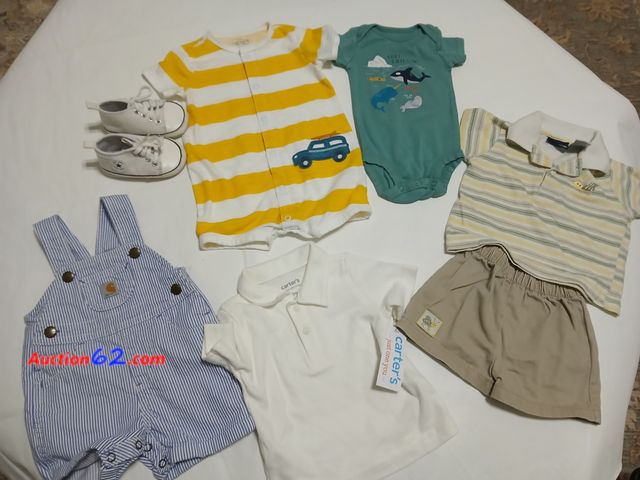 Lot 44-2106j - New with tag removed size 3 month boys Carrhart overall shorts.  New with tags size 3 months Carter's shirt.  New without tag 3/6 month Cart...
