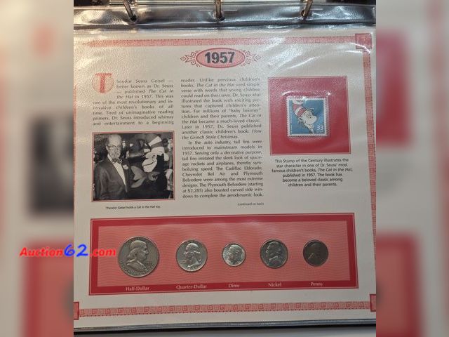 Lot 44-8326p - US COINS OF 1957 COMMEMORATIVE PAGE! COMES WITH A 1957-P 90% FRANKLIN HALF DOLLAR, 1957-D 90% SILVER WASHINGTON QUARTER, 1957-P 90% SILVER R...