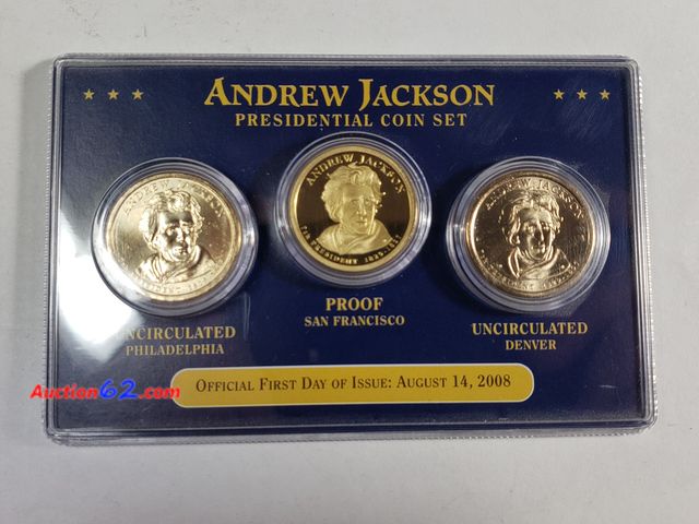 Lot 44-8315k - ANDREW JACKSON P,D AND S PRESIDENTIAL OFFICIAL 1ST DAY OF ISSUE COIN SET. INCLUDES PHILADELPHIA AND DENVER BUSINESS STRIKES AND SAN FRANCISO...