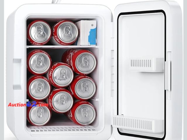Lot 44-7175j - Mini fridge, 10L portable small refrigerator, 2.6 gal Mini fridge with AC/DC adapters, small cosmetics cooler, white Appears New, A basic in...