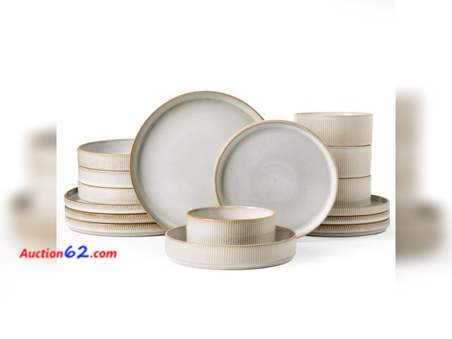 Lot 44-1851 - $119.99 Retail price - Famiware Star Dinnerware Set with Pasta Bowls, Service for 4 (16pcs), Ribbed Stoneware Plates and Double Bowls Dishes...