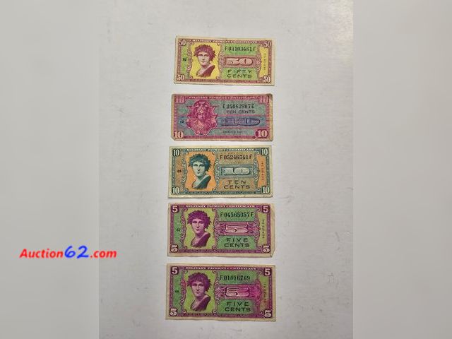 Lot 44-8383u - REALLY NICE COLORFUL HARDER TO FIND MILITARY PAYMENT CURRNCY NOTES. 50 CENT, TWO DIFFERENT 10 CENT PIECES AND 2 5 CENT PIECES.-T