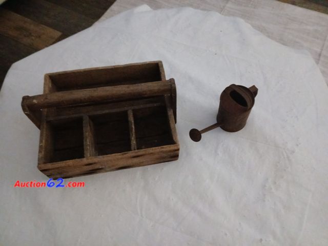 Lot 44-2005a - Old Wooden tote box with compartments.  One small antique child's watering can.  See all photos. Used See All Photo's Added today