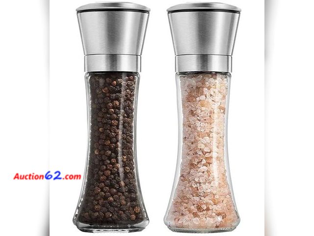 Lot 44-6839p - Salt and Pepper Grinder Set Combo - Black Pepper,Herb Shakers Mill Refillable Manual - Stainless Steel Lid - Adjustable Coarseness - Glass M...