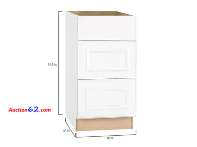 Lot 44-09g - Retail value $289- Hampton 18 in. W x 24 in. D x 34.5 in. H Assembled Drawer Base Kitchen Cabinet in Satin White with Drawer Glides Appears ...