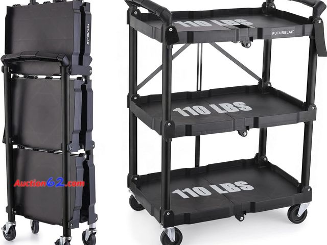 Lot 44-178 - $116.99 Retail price - FUTURELAB Portable Folding Service Cart - 3 Tier 330LBS Capacity - Rolling Utility Foldable Cart with Wheels for Ware...