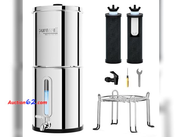 Lot 44-2543a - $148.99 Retail price - Purewell 2.25G Gravity Water Filter System with Water Level Window, 3-Stage 0.01μm Ultra-Filtration Stainless Steel C...