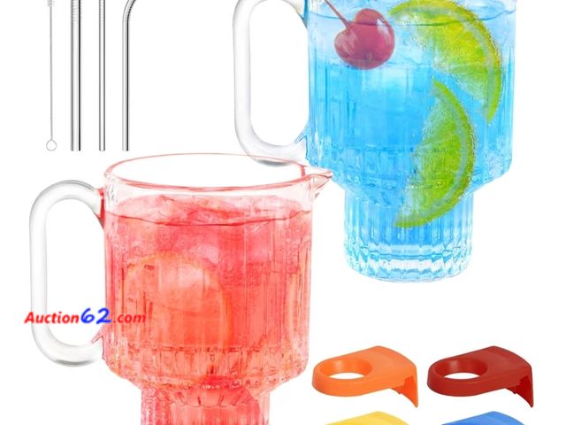 Lot 44-6876b - Ribbed Glassesware Large Ripple Drinking Glasses set of 2,23oz Cocktail Glasses with 4 Color Clips,Straws, Stacked Glassware for Kitchen,Par...
