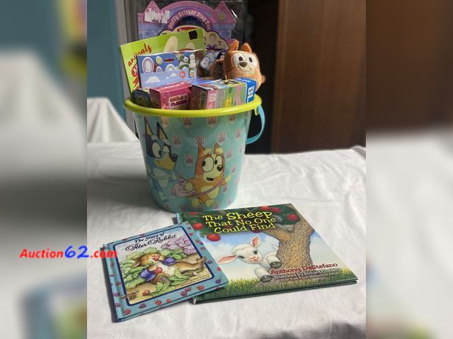 Lot 44-2134j - New. Bluey and Bingo Easter Bucket. Approximately 9”H X 11” W. Two books The story of Peter Rabbit and The Sheep That No One Could Find. Ani...