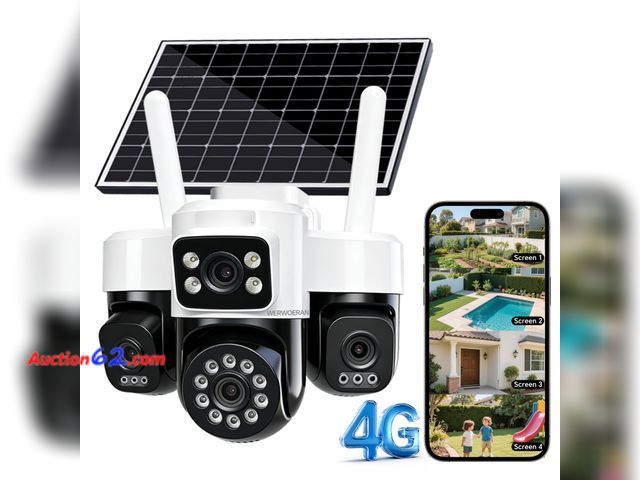 Lot 44-1661w - 4-Lens Solar Security Cameras Wireless Outdoor, 4G Cameras for Home Security,4 * 2MP FHD Resolution,PTZ 360° Pan &amp; Tilt Surveillance,Two...
