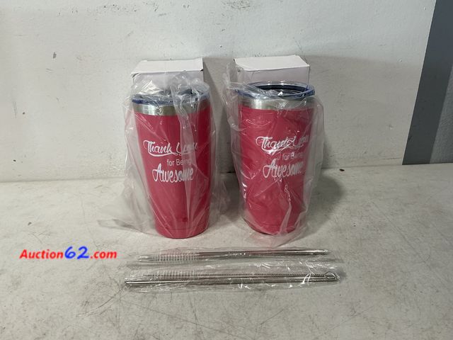Lot 44-810 - Set of 2 Pink Tumblers with Straws - Thank You for Being Awesome Not Tested See All Photo's Appears New, A basic inspection has been given t...