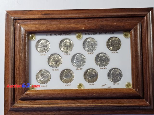 Lot 44-8325i - COMPLETE SET OF ELEVEN (11) SILVER WORLD WAR II EMERGENCY ISSUE NICKELS FRAMED AND IN A VINTAGE CAPITOL PROTECTIVE HOLDER TOO!-NT