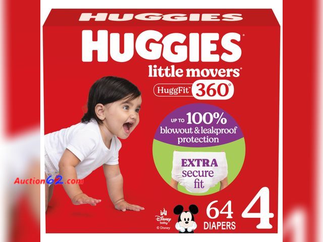 Lot 44-869 - Huggies Size 4 Baby Diapers, Little Movers HuggFit 360° Baby Diapers with 360° Waistband, Size 4 (22-37 lbs), 64 Count, Packaging May Vary S...
