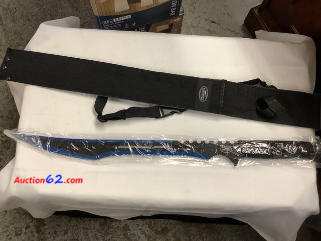 Lot 44-6103w - Kentucky cutlery 27 in machete 440 stainless steel blue and black blade with shoulder sheath. See photos. Not Tested