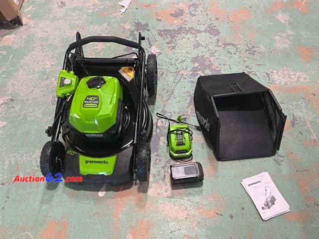 Lot 44-544t - Greenworks 40V 20  Brushless Push Lawn Mower with 4.0 Ah Battery &amp; Quick Charger 2516302VT E-Commerce Return, A basic inspection has bee...
