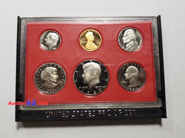Lot 44-8527g - 1980 PROOF SET W/SUSAN B. ANTHONY DOLLAR, KENNEDY HALF, WASHINGTON QUARTER, ROOSEVELT DIME, JEFFERSON NICKEL AND LINCOLN CENT. MINTED IN SAN...