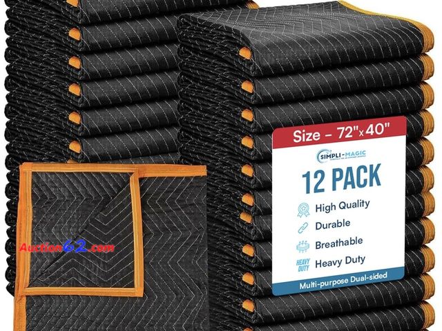 Lot 44-5529p - 12 Pack Simpli-Magic Heavy Duty Padded Moving Blankets 72" x 40" – Packing Blankets, Furniture Covers for Moving Appears New, A basic inspec...