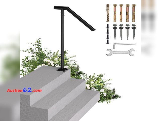 Lot 44-1825w - Handrails for Outdoor Steps, Single Post Wrought Iron Handrail for 1, 2, 3 Step, Outdoor Stair Rail Handrails with DIY Took Kit, 37" H Black...