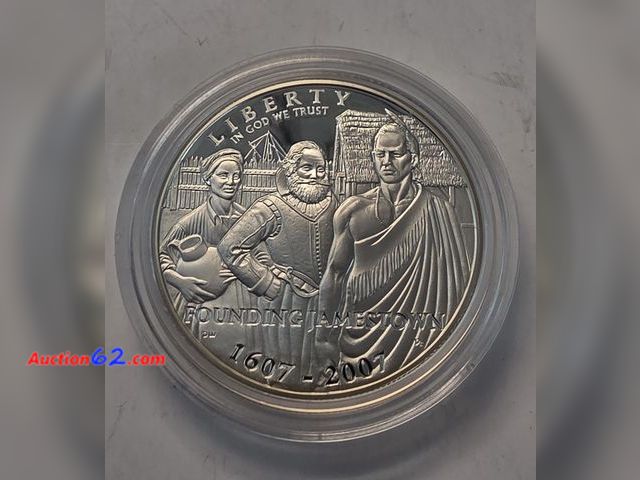 Lot 44-8324k - 2007P JAMESTOWN 400TH ANNIV 90% SILVER PROOF DOLLAR. COMES IN ORIGINAL US MINT PACKAGING, BOX W/SPEC SHEET AND CERTIFICATE OF SERVICE. MINTE...