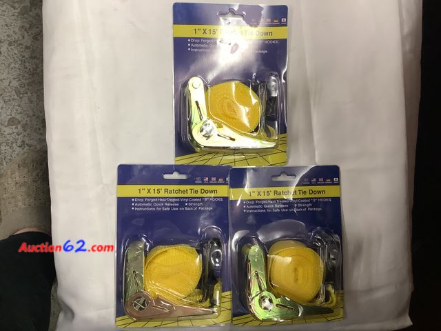 Lot 44-6189w - Set of 3 1”x15’ Ratchet Tie Down, New. See All Photo's Not Tested Never opened, Factory Sealed
