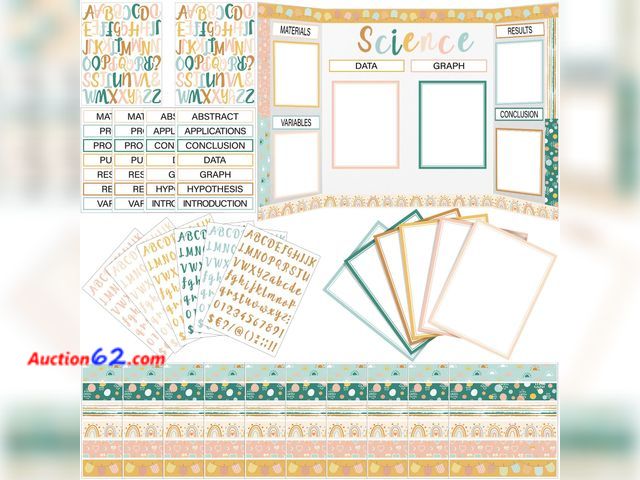 Lot 44-9270 - 96 Pcs Science Fair Board Supplies 60 Trim Scalloped Poster Boards 24 Presentation Border Stickers 4 Self Adhesive Project Titles 8 Letter S...