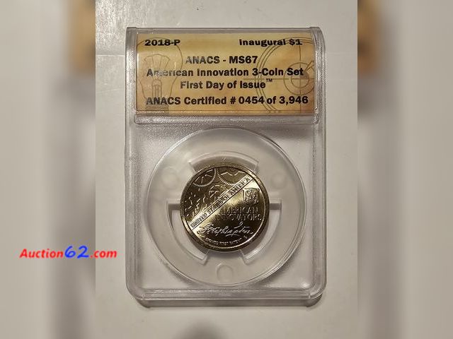 Lot 44-8306w - 2018-P INNOVATION DOLLAR CELEBRATING THE FIRST SIGNED PATENT BY GEORGE WASHINGTON GRADED MS67 (MINT STATE) BY ANACS. MINTED IN PHILADELPHIA....