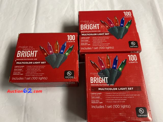 Lot 44-2001x - New in box. Three boxes of Bright multicolored light set. 100 lights. Steady or flashing illumination. Connect up to 5 strands of the same m...