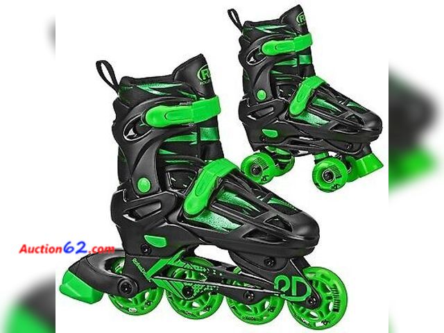 Lot 44-602j - Roller Derby Kids Inline-Quad Combo Skates  Black/Green  Sizes 2â€“12 Not Tested See All Photo's Appears New with box damage