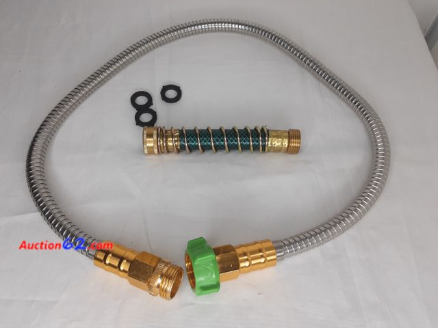 Lot 44-5520p - Lot of garden hose accessories.  
(1) Short Garden Hose, 304 Stainless Steel Short Water Hose Extension Male to Female Metal Connector - Dri...