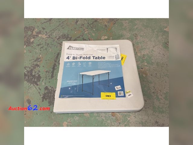 Lot 44-4024j - Peakform 4' Bi-Fold Table - Durable, Adjustable Height Not Tested E-Commerce Return, A basic inspection has been given to this item. Sold AS...