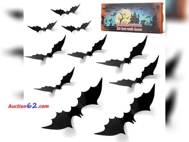 Lot 44-1597m - Lot of (3) Halloween bat Decoration, 56pcs Realistic PVC Black 3D Horror Stickers, 4 Sizes of Halloween Wall Decorations, Suitable for Party...