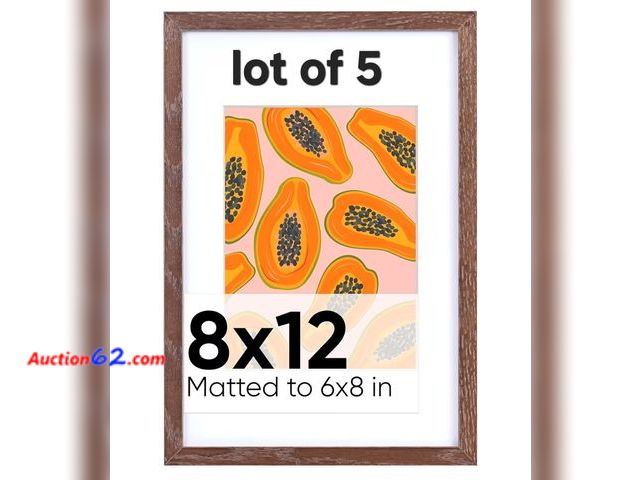 Lot 44-6672t - Lot of 5 Homeforia Wooden Picture Frames 8x12, Brown Oak with 5x7 Mat and Tempered Glass, Wall Hook Included Appears New, A basic inspection...