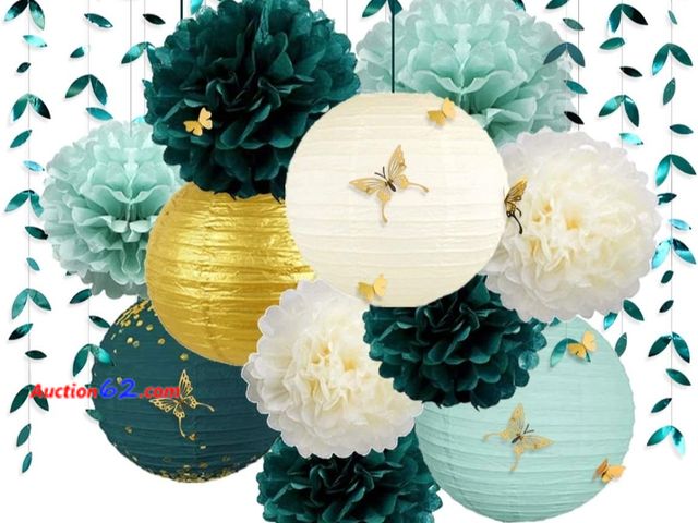 Lot 44-7415o - Lot of (2) Hunter green and gold hanging tissue lantern flowers pom pom with 3D butterflies leaf garland streamer   Appears New, A basic ins...