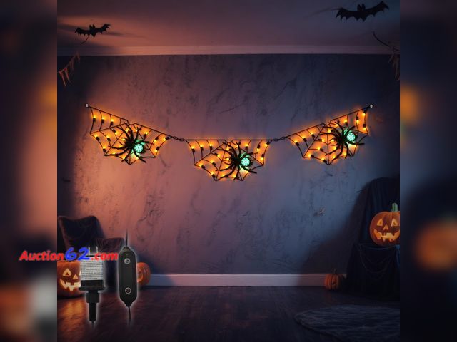 Lot 44-2996e - Halloween Decorations Spider Web Lights - 52.8 Inch/4.4 ft Connected Cobweb with Scary Spiders, 54 Orange &amp; 3 Green LEDs, Timer Function...