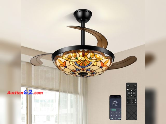 Lot 44-1708o - $129.99 Retail price - ZOUQILAI 42 Inch Tiffany Style Ceiling Fan, Retractable Ceiling Fans with Lights and Remote, 3 CCT 6 Wind Speeds, Sil...